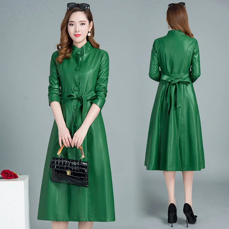 Spring coat ladies Pu leather coat lengthened autumn fashion locomotive leather windbreaker over knee women black red green