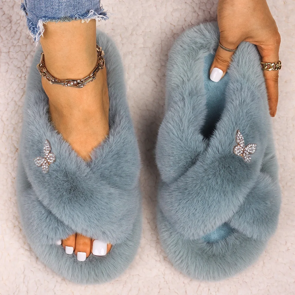 Fuzzy Slides Women Platform Flip Flops Slippers Fluffy Cute Rhinestone Butterfly Furry Sandals Indoor Open Toe Slippers Shoes