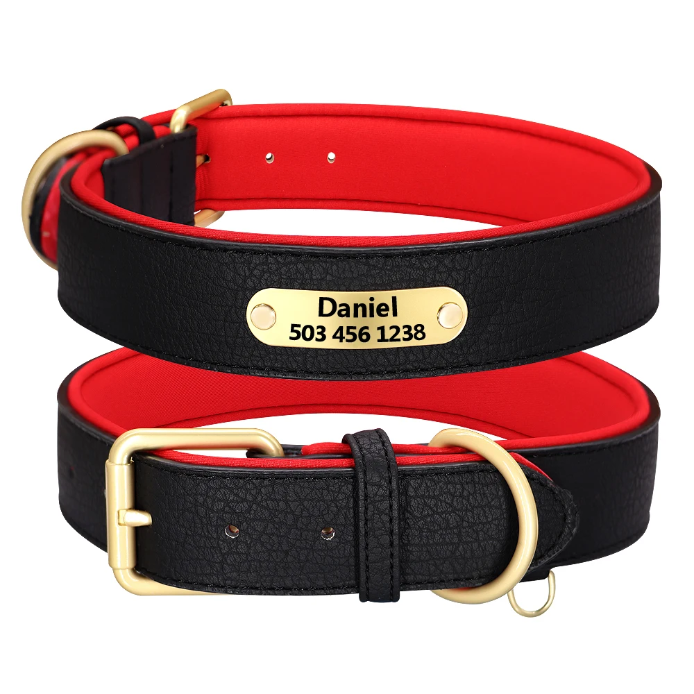 Individuell graviertes Hundehalsband aus Leder, gepolstert, Hundehalsbänder mit personalisiertem ID-Platten-Tag, 2 Schichten für kleine große Hunde, Pitbull