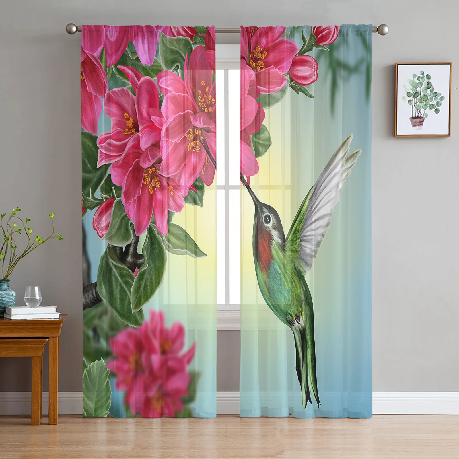 Flower Hummingbird Window Curtains For Living Room Bedroom Kitchen Chiffon Sheer Window Treatment