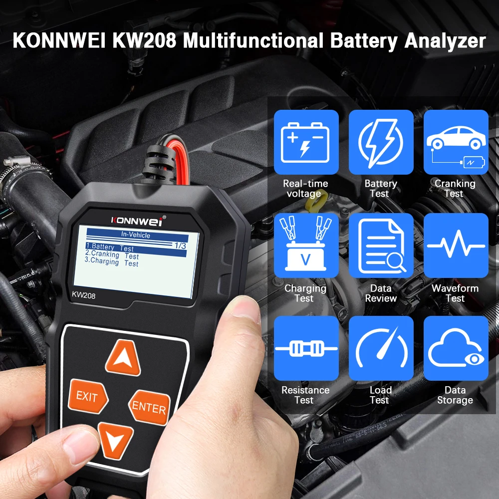 KONNWEI KW208 12V Car Battery Tester Load Tester Automotive Alternator Analyzer Waveform Voltage Test for Car/Motorcycle