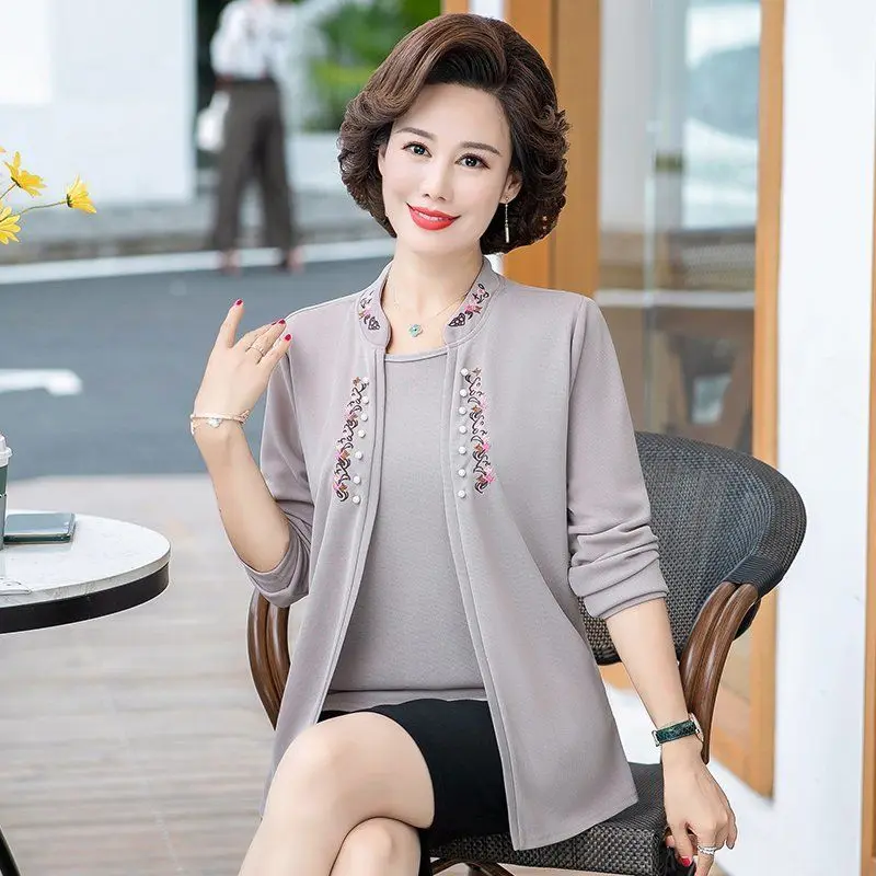 Women knitted Tops 2020 New Autumn Long Sleeve Fake Two Pieces Shirts Large Size Middle Age Female Beading Elegant 2PCS Set 2224