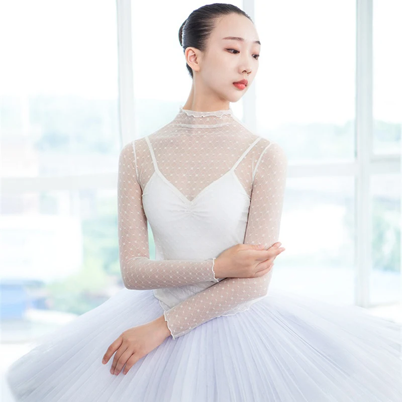 Women Ballet Tops Dance T shirt Adult Crop Tops Long Sleeve Dance Clothes Ballerina Turtleneck Shirt White Dot Mesh Leotard Top