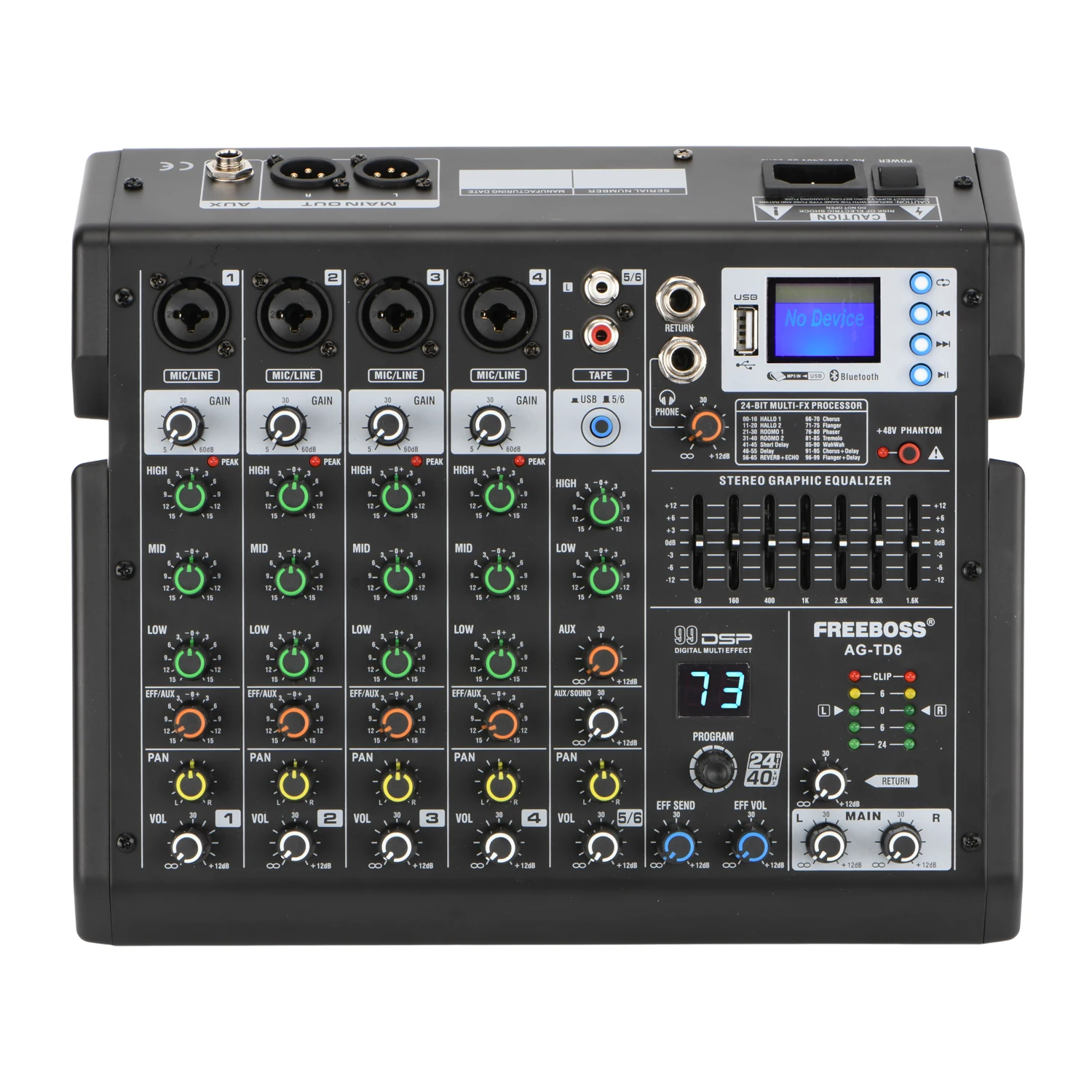 FREEBOSS 6 Channel Mixer Audio 7 Band EQ 99 Effect Remote Control Bluetooth USB Play Record Studio Karaoke Mixing Console AG-TD6