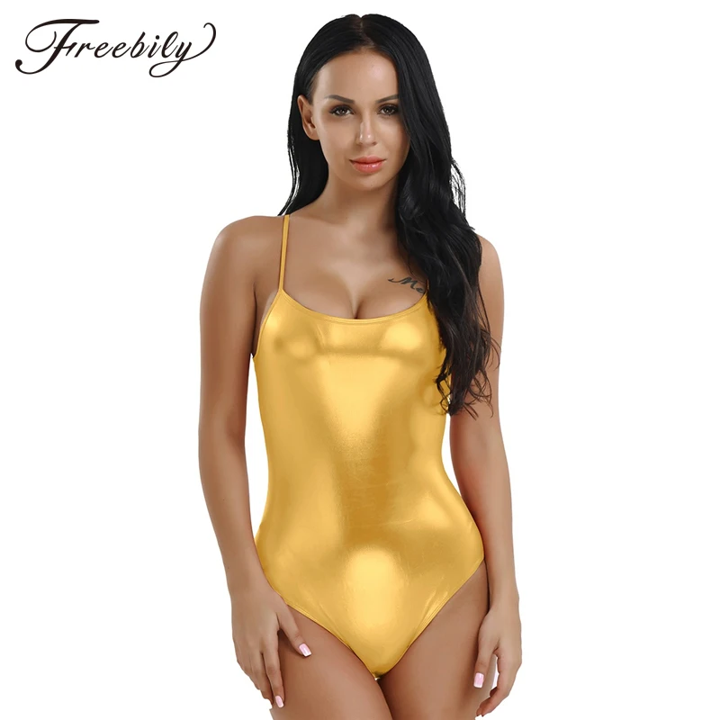 

Women Shiny Metallic Patent Leather Ballet Dance Gymnastics Leotard One-Piece Spaghetti Straps Thong Swimsuit Adult Dance Wear