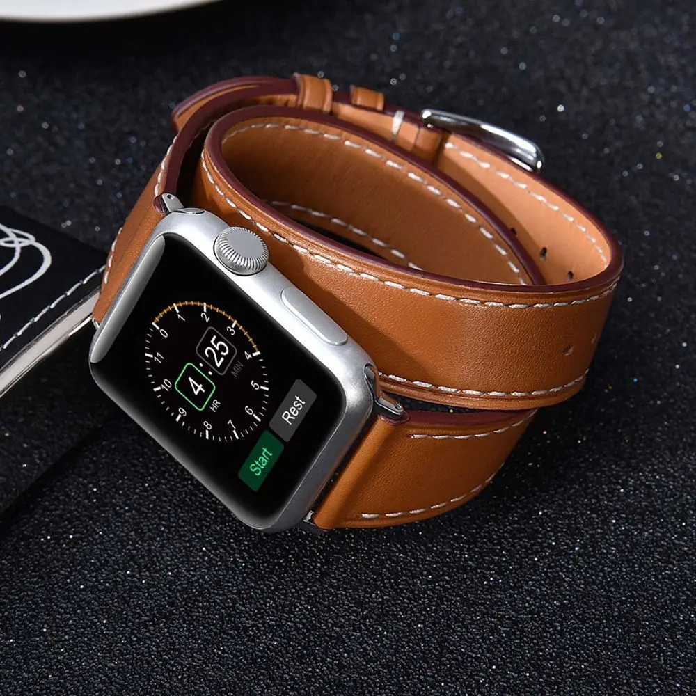 Double Tour Strap for Apple watch band 44mm/40mm 42mm/38mm Genuine Leather bracelet iWatch series 5 4 3 se 6 7 45mm 41mm band