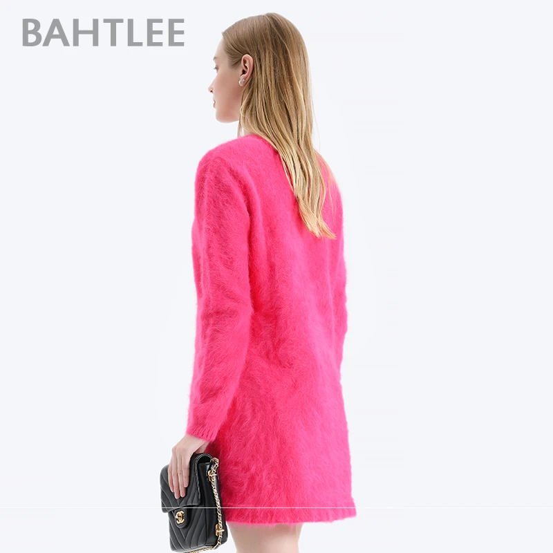 BAHTLEE-Women\'s Angora A Line Dress, Above Knee Length, Wool Knitted Jumper, Long Sleeves, O-Neck, Sexy, Autumn, Winter