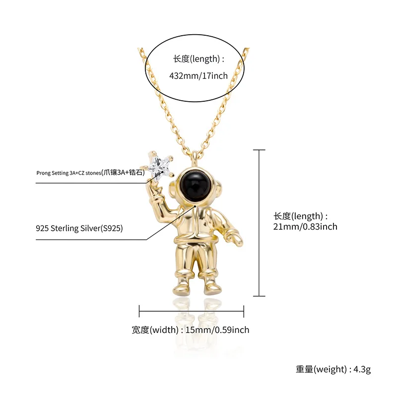 S925 Sterling Silver Holding Star Astronaut Pendants Necklaces for Men Women Unisex Charm Jewelry Drop Shipping