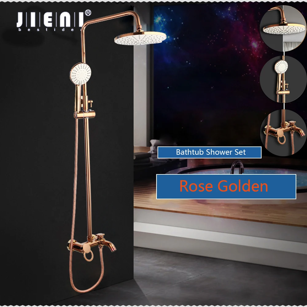 JIENI Luxury Rose Golden Shower Faucet Set Solid Brass Pink Gold Bathroom Bathtub Mixer Rainfall Spray Hand Shower Shower Facuet