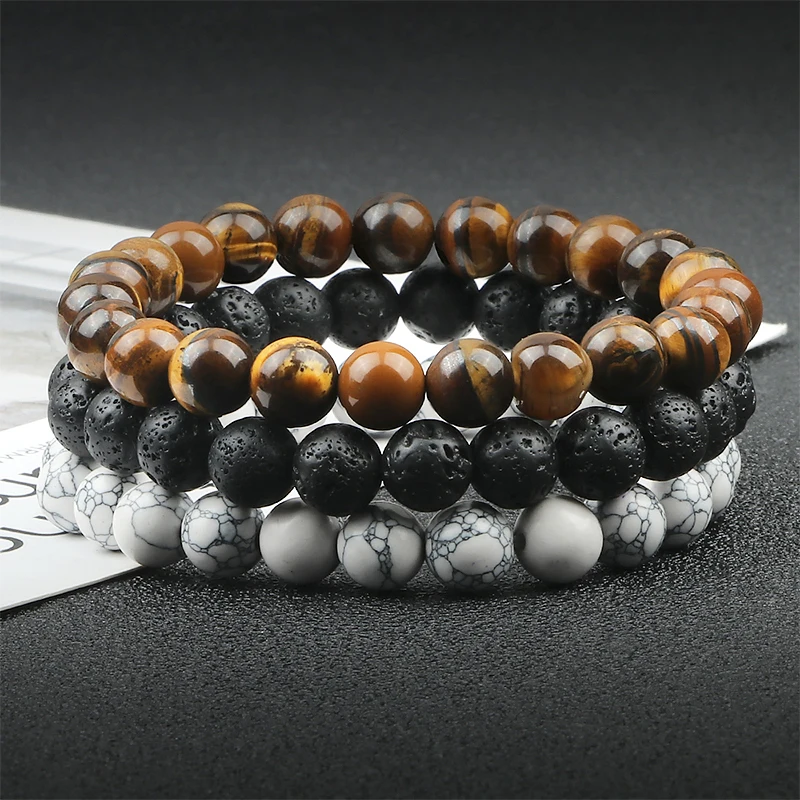 Bracelets perlés en pierre de lave naturelle pour hommes et femmes, œil de tigre, distance de guérison, cadeaux d\'ami, brin de charme, bijoux