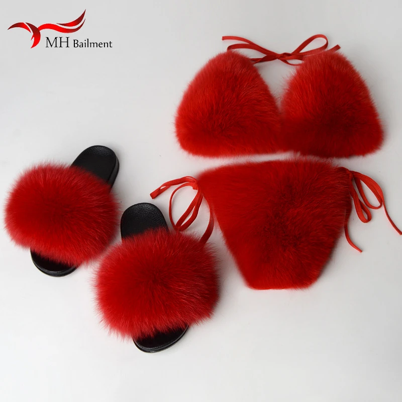 

Women Fox Fur Slippers Bikini Bra Set Furry Slides Summer Beach Swimsuit Underwear Flip Flops PVC Size 36-43