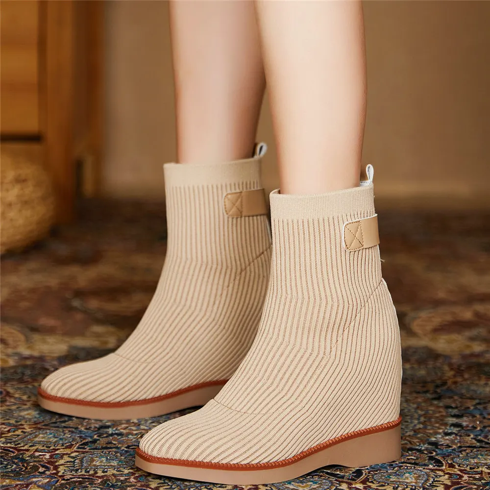 2021 inverno quente bombas sapatos femininos de tricô cunhas salto alto tornozelo botas femininas alta superior dedo do pé redondo oxfords sapatos casuais