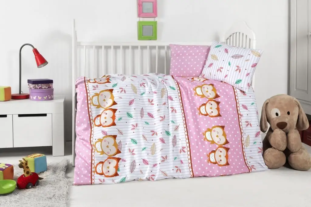 Ensemble de housse de couette pour bébé, motif chouette, rose