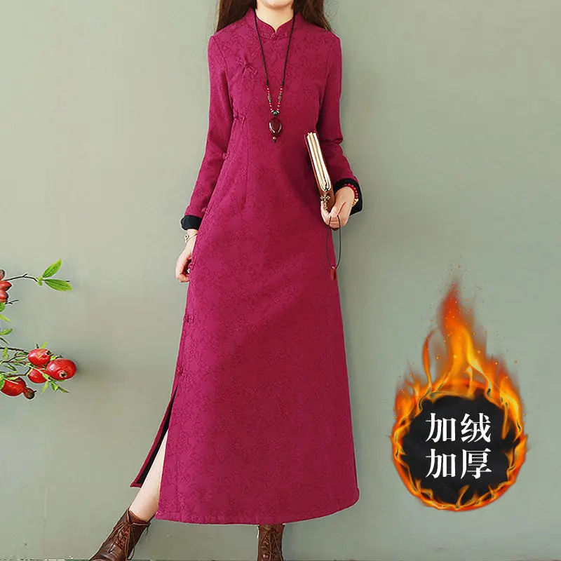 Chinese Retro Disc Button Plus Velvet Cheongsam Dress Women Winter Thick Jacquard Cotton And Linen Dres Long Female Robes M168x
