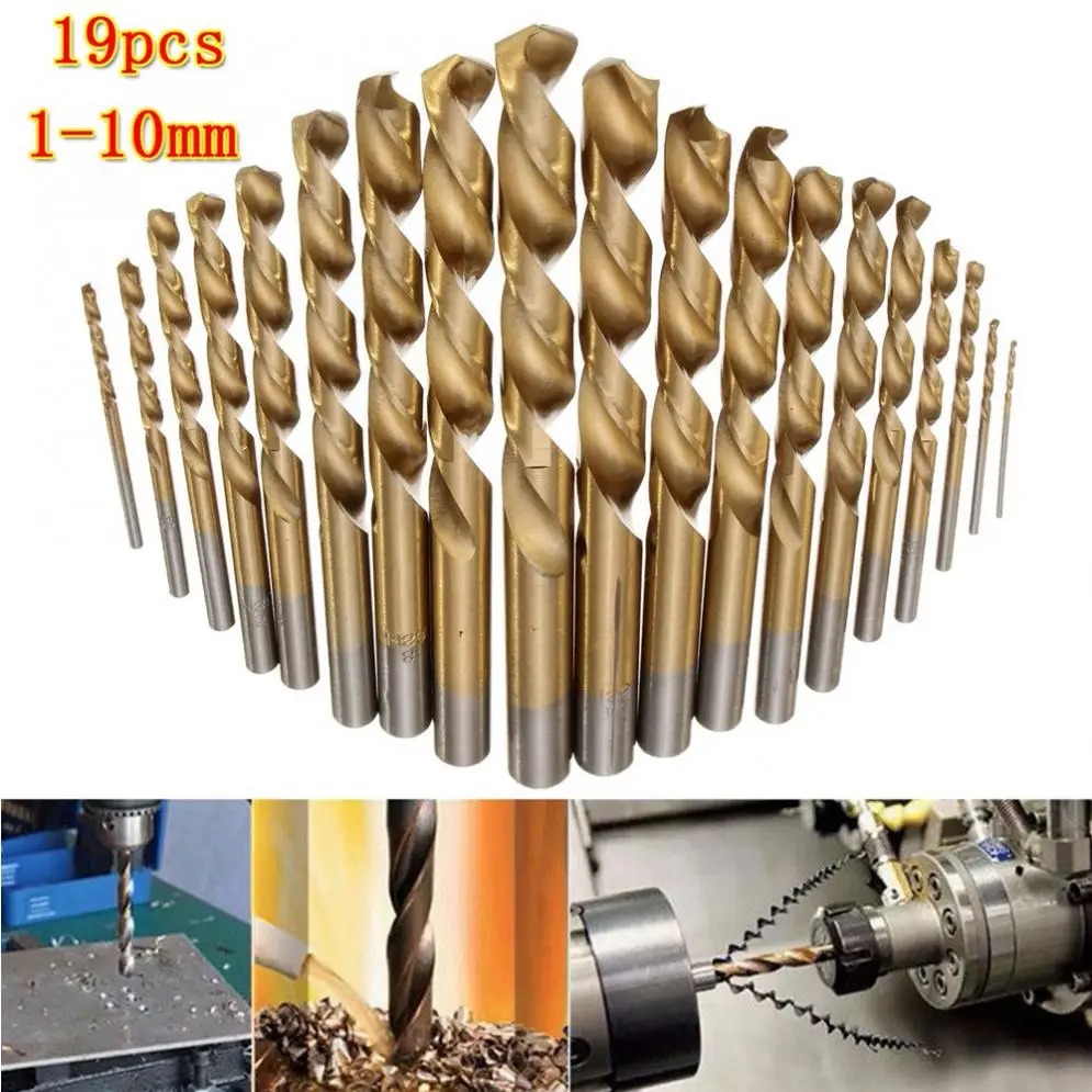 

19pcs Manual Twist Drill Bits Titanium Coated HSS High Speed Steel Drill Bit Set Tool 1mm - 10mm NEW