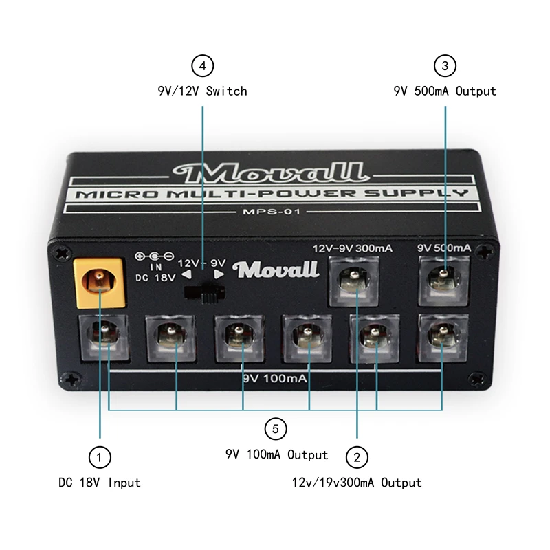 Movall Guitar Pedal Power Supply 8 Isolated Output Anti-interference 18W Different Output Guitar Effect Power Guitar Accessories