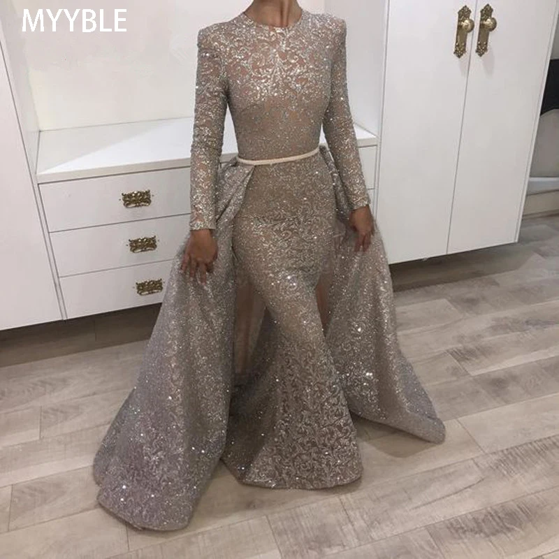 Detachable 2023 Muslim Evening Dresses Mermaid High Collar Long Sleeves Lace Dubai Abaya Saudi Arabic Long Evening Gown Prom