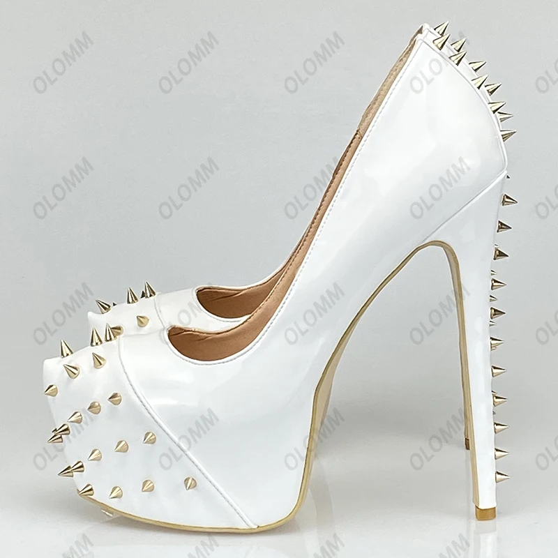 Olomm New Arrival Handmade Women Shiny Pumps Sexy Studded Stiletto Heels Round Toe White Club Wear Shoes Ladies US Size 5-20