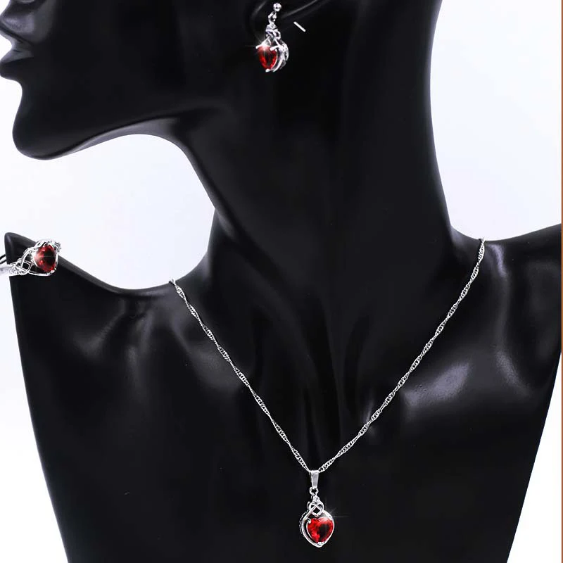 Red Heart Sets Package Setting Cubic Zirconia Necklace Earrings Rings Set Fashion Color Party Jewelry Sets for Women