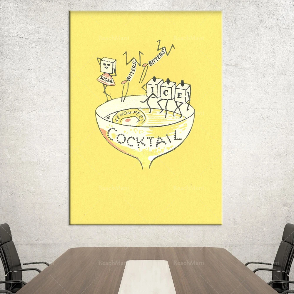 طباعة كوكتيل عتيقة، ليمون، لوحة فنية جدار المطبخ باللون الأصفر، ملصق ديكور جدار البار القديم