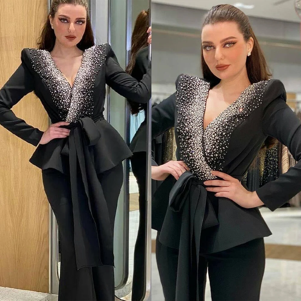 Vintage Elegant Black Women Suits Beaded Deep V Neck With Belt Jacket Custom Made Slim Fit Flare Pants Party Gown 2 Pieces Sets