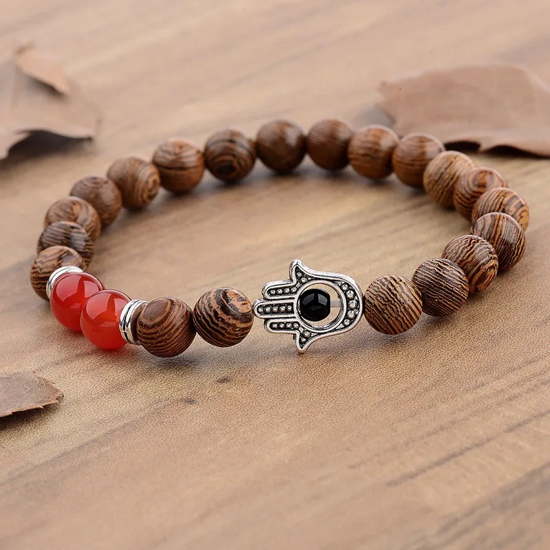 8mm Natural Wood Beads Bracelet Hommes Bileklik Bijoux Men Prayer Meditation Hand Shape Balance Bracelet For Women Yoga Jewelry