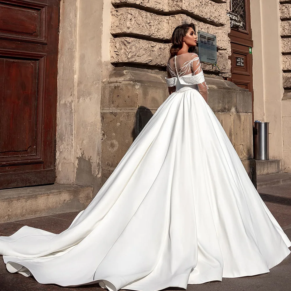 Vestidos De Novia Satin Ball Gown Wedding Dress Long Sleeve Robe De Mariage Beading Appliques Brautkleid Illusion Back Trouwjurk