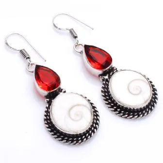 Genuine Shiva Eye + Garnet  Silver Overlay on Copper Earrings ,Hand made Women Jewelry Gift , 52 mm,  E5613