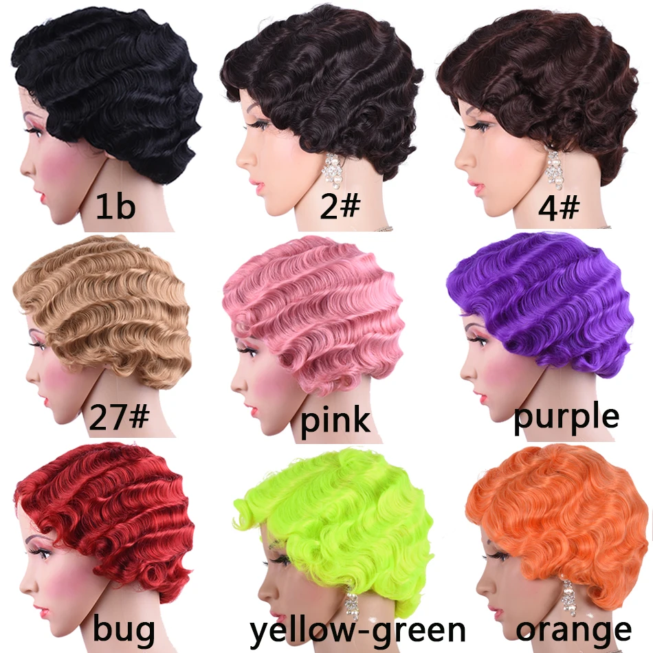 สั้นสีแดง Finger Wave วิกผมสีน้ำตาลสีบลอนด์ Curly วิกผมสังเคราะห์สำหรับผู้หญิงสีดำทนความร้อนแอฟริกันอเมริกัน Pixie ตัด Mommy วิกผม