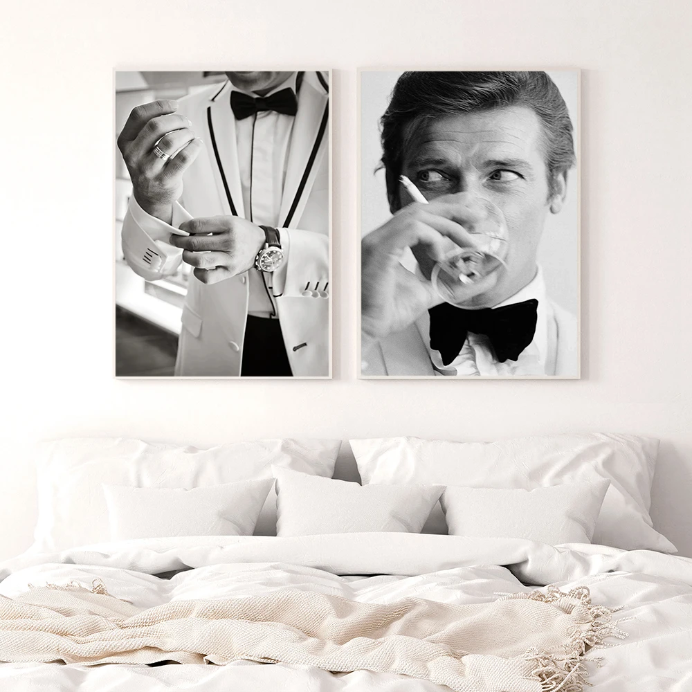 Black and White Famous Actor Roger Moore Poster Print Figure Painting Modern Wall Pictures for Living Rome Home Decor No Frame