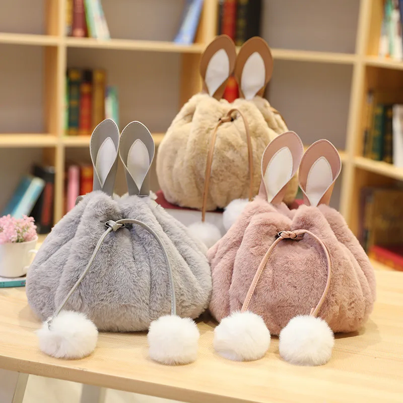 Rabbit Ear Plush Backpack Baby Kids Girls Plush Shoulder Bag Handbag Bucket Bags Coin Purse Gift