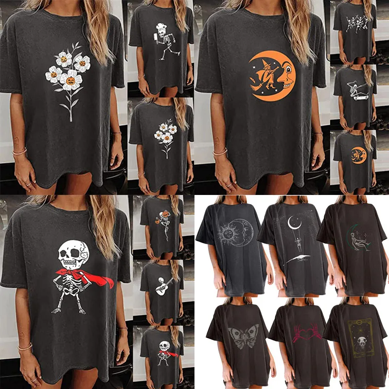 

Halloween T Shirt Women Funny Skull Pumpkin Printed Shirts Halloween Party Short Sleeve Graphic Tees Tops Blouses