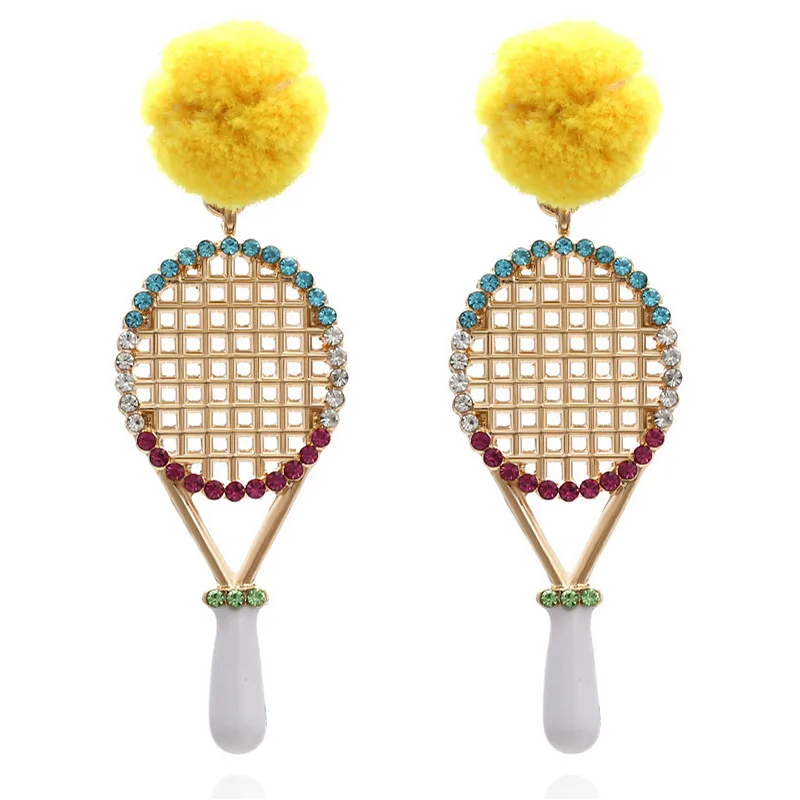 Fashion Creative Tennis Racket Statement Earrings 2021 New Woman Trend Hairball Ear Jewelry