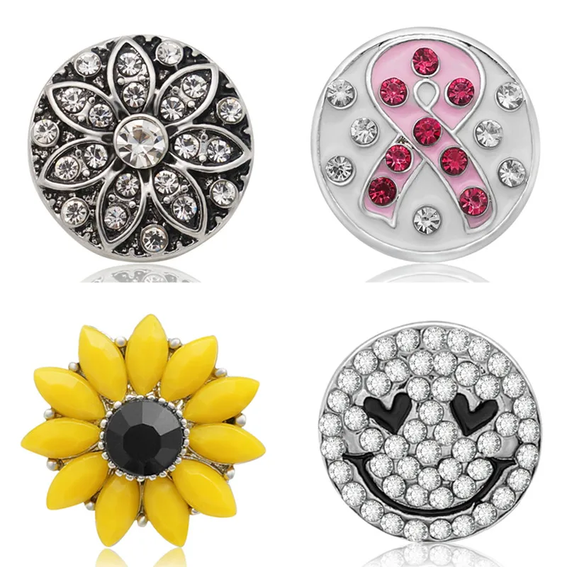 New Round Rhinestone flowers patterns Pink ribbon Smile 18MM snap buttons fit DIY 18MM snap bracelet snap jewelry Gift