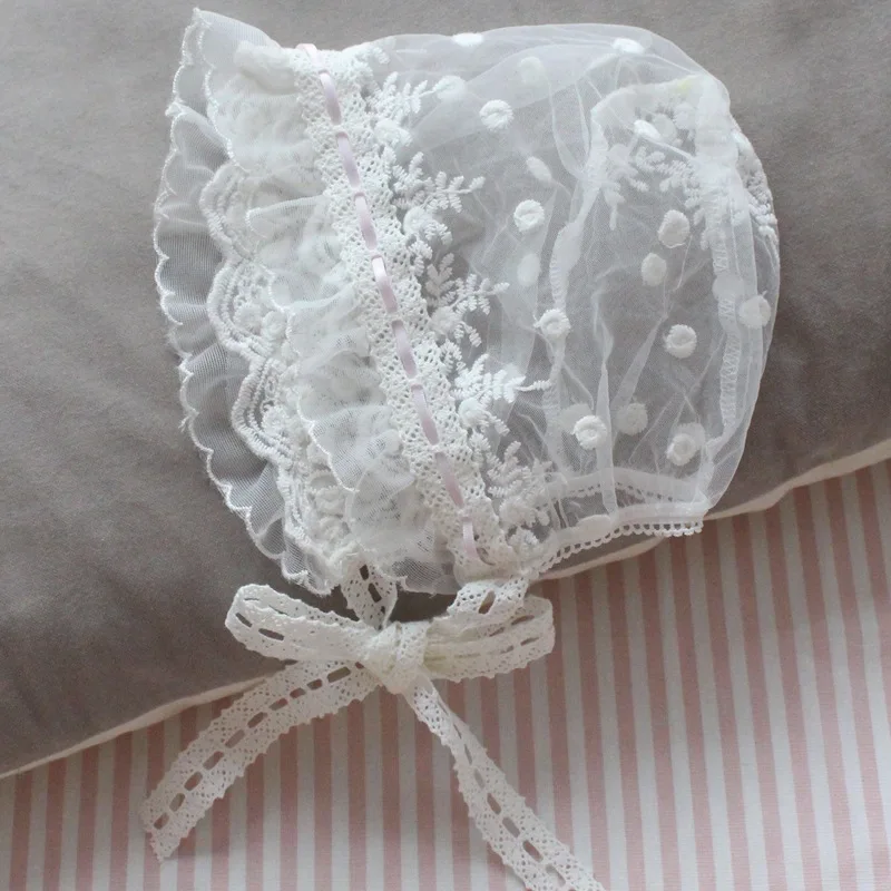 Baby bonnet Hand made ivory White Lace bonnet Newborn Baptism hat Christening Embroidered Flowers Baptism gift girls Lace trim.