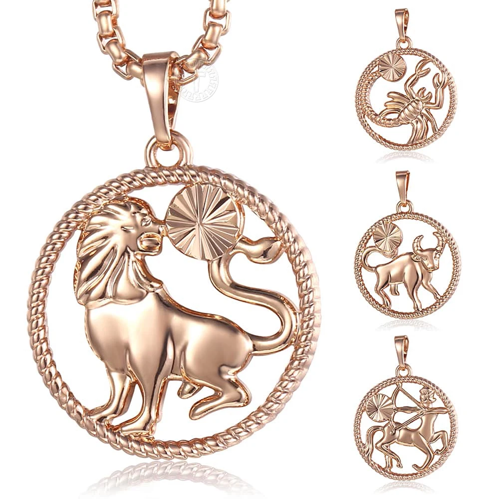 Davieslee 12 Horoscope Necklace For Women Men 585 Rose Gold Color 12 Constellation Zodiac Sign Pendant Box Link Chain LGPM21