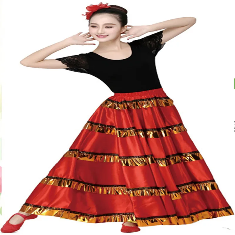 Neueste frauen Rabatt Spanisch Bauchtanz Kleid Lange Flamenco Röcke Rot mit schwarz Flamenco Kleider