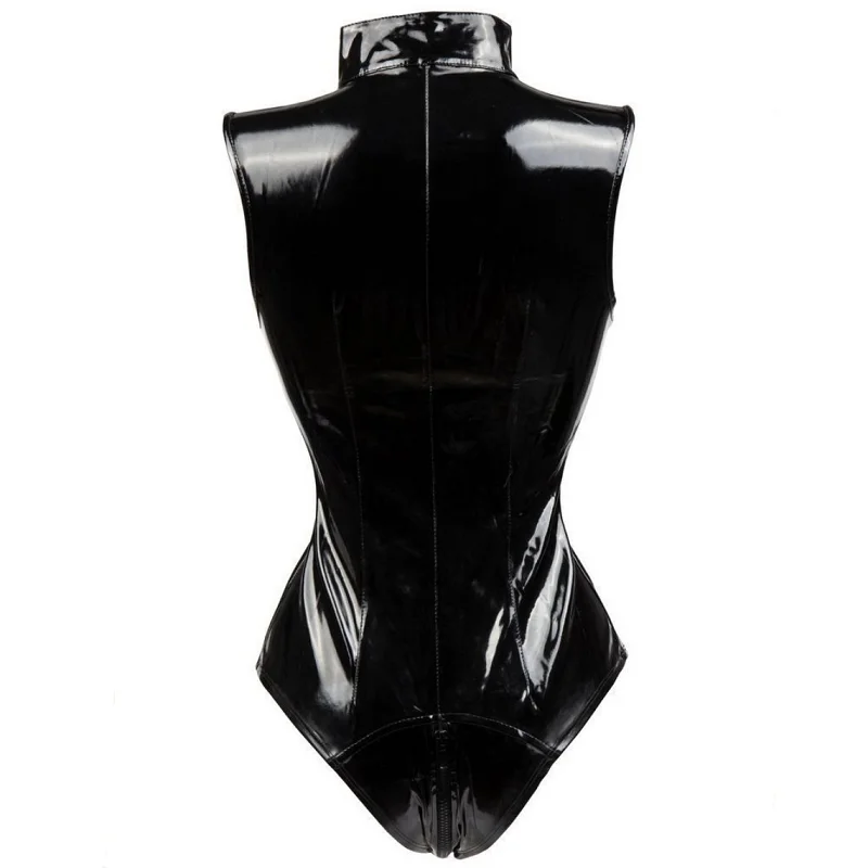 Double Zipper Sexy Open Crotch Leather Jumpsuit For Women Erotic Below Crotchless Bodysuit Glossy Shaping Latex Lingerie Set