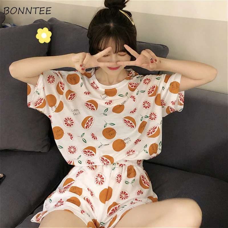 

Pajama Sets Women Summer Trendy Korean Cartoon Sweet Chic Short Sleeve Teens Homewear 2 Piece Set Lovely Young Girls Sleepwear