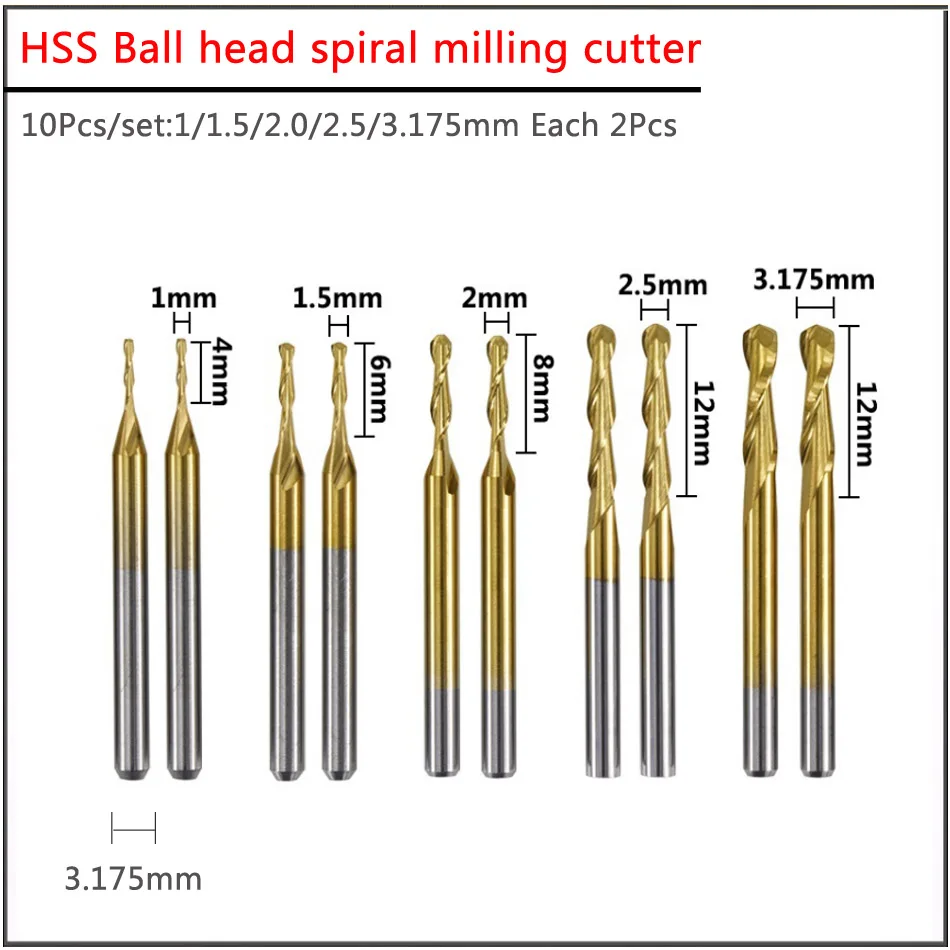 10 buah set 1 1.5 2, 2.5 3.175mm HSS kepala bola spiral milling cutter, mesin ukiran titanium berlapis bola milling cutter