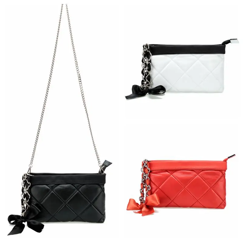 Hot SS Chic Genuine Leather Plaid Clutch Bag Soft Quality Sheep Leather Ladies Fashion Ribbon Wristlet Bag Crossbody Bag