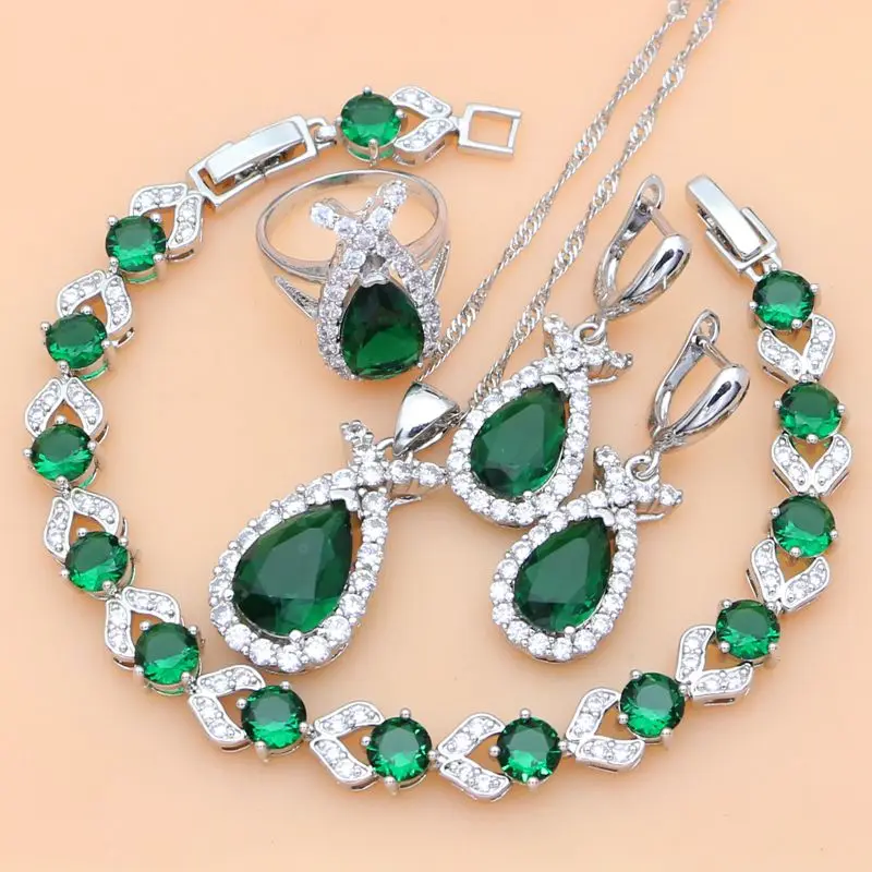 

925 Sterling Silver Jewelry Green Created Emerald White CZ Jewelry Sets For Women Earrings/Pendant/Necklace/Rings/Bracelet