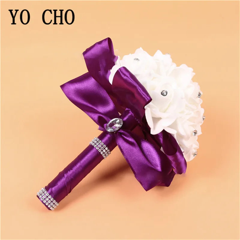 YO CHO White Pink Foam Rose Bridal Bridesmaid Bouquet Flowers Wedding Bouquet Artificial Flower Roses Bridal Bouquet Hand Flower