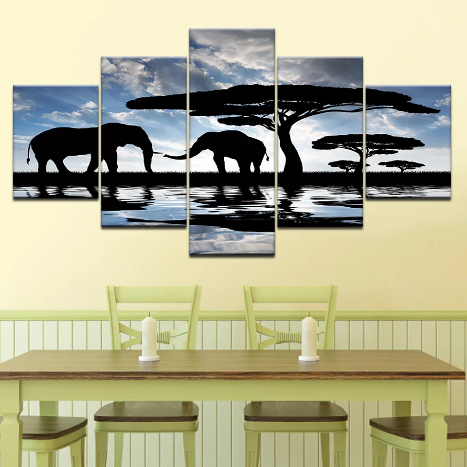 Leinwandgemälde, 5-teilig, Wandkunst, modulare Bilder, Elefanten, Baum, Druck, Poster, Leinwand für Wohnzimmer, Heimdekoration, Innenkunstwerk