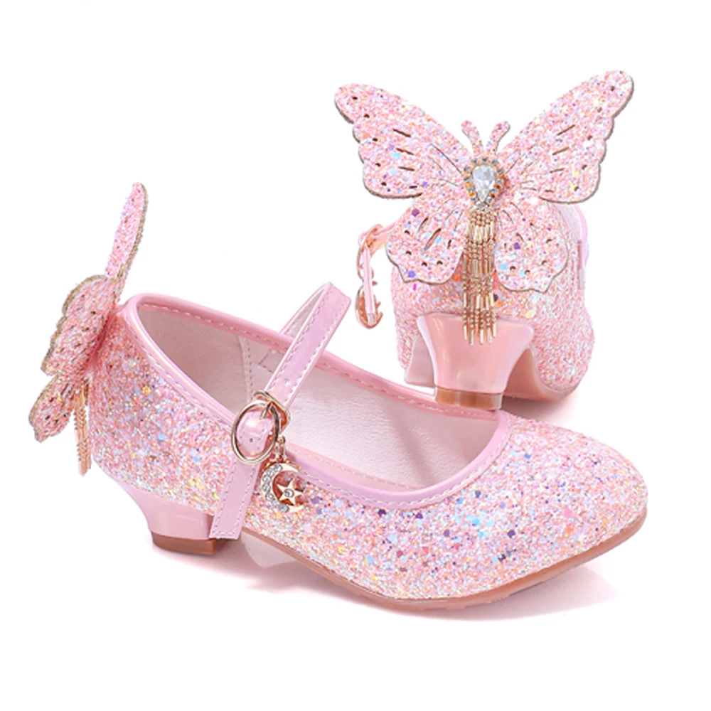 Flower Girls Shoes Low-heeded Princess Party Girls Sparkle Sequin Shoes Butterfly Bridesmaid Wedding Fall Shoes Halloween 3t 4t