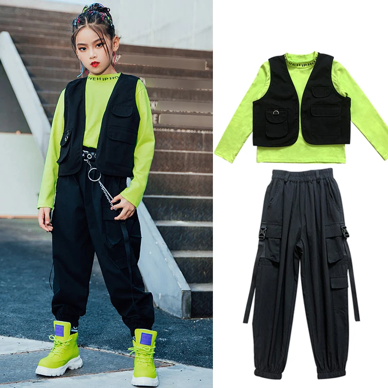 Boys Hip Hop Costumes Girls Jazz Show Clothing Green Sweatshirt Black Vest Pants Casual Kids Wear Ballroom Dance Clothes BL5313