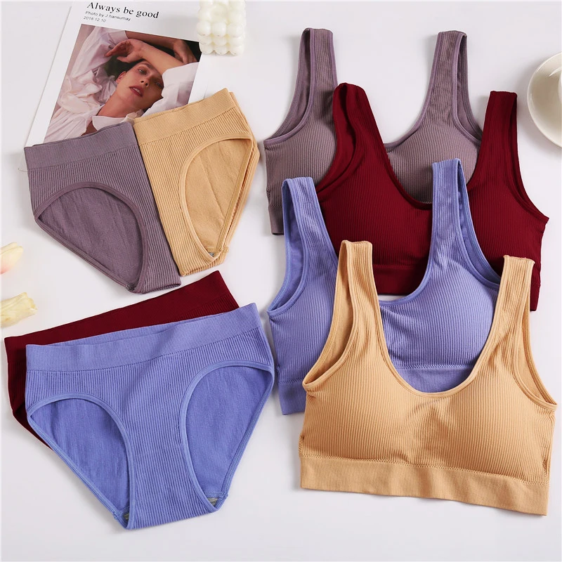 

Padded Bra Briefs Set Seamless Fitness Tops Women Panties Wireless Bra Soft Ladies Underwear Suit S-XL Female Lingerie Bras Set