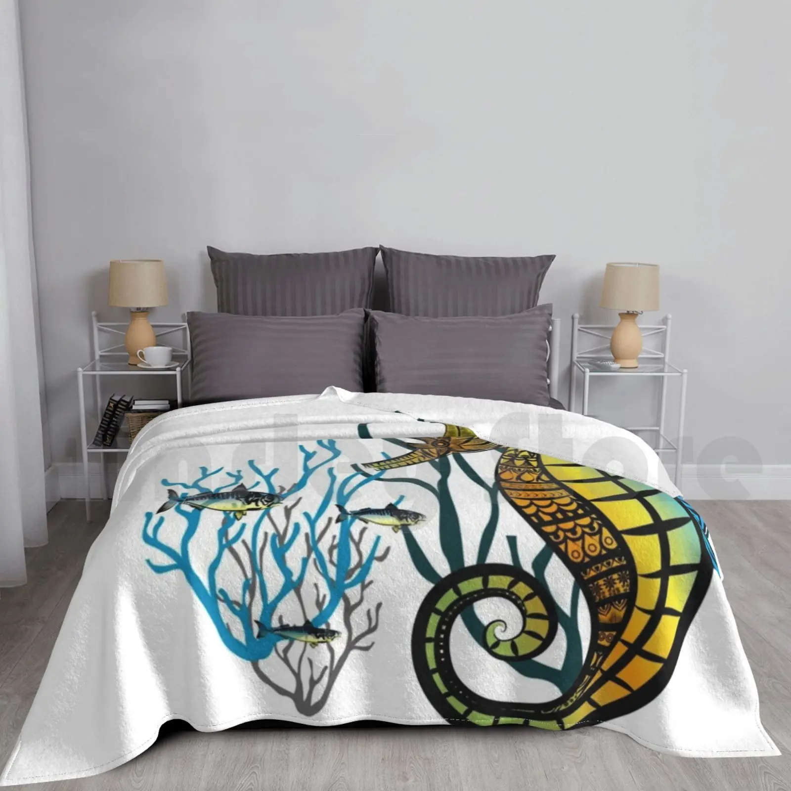 Sea Horse Blanket Fashion Custom Hippocampus Sea Horse Fish Ocean Sea Marine Marine Life Color Galapagos