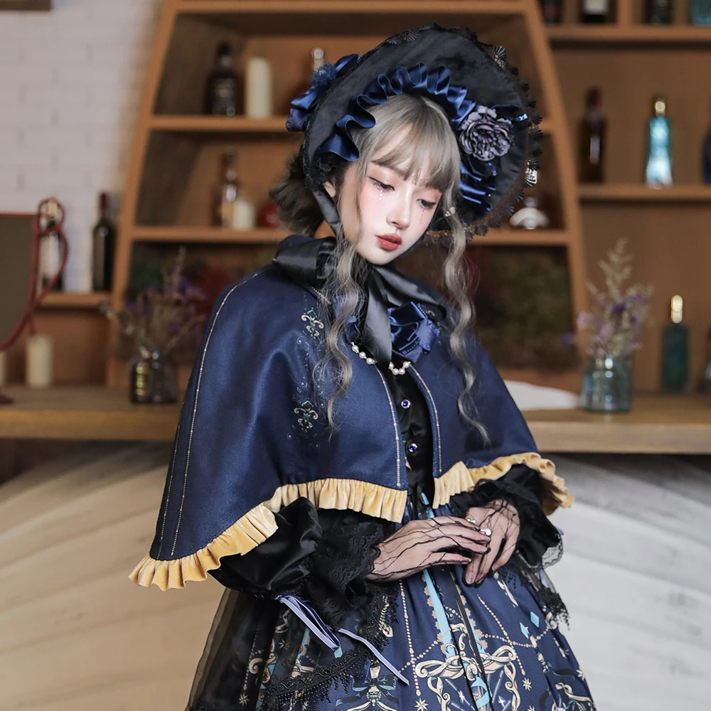 Melonshow Gothic Lolita Cape Women Vintage Coat Blue Autumn Spring Cloak Short Goth Tops Girls Outerwear Shawl Poncho