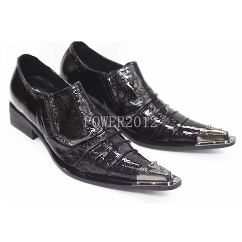 ntparker 2025 New vintage Rock Leather Man\'s Leather Shoes Personality Pointed Metal Toe Black Leather Dress Shoes for man